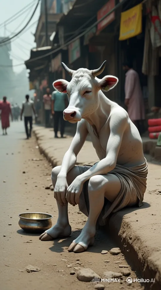 Depressed Cow Figure Sits Begging on Dusty Street – AI Generated Video | Hailuo AI