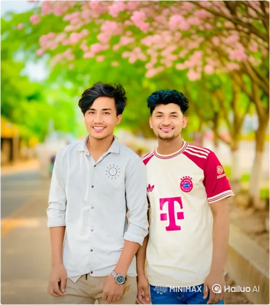 Two Friends Stroll Through Blossoming Path – AI Generated Video | Hailuo AI