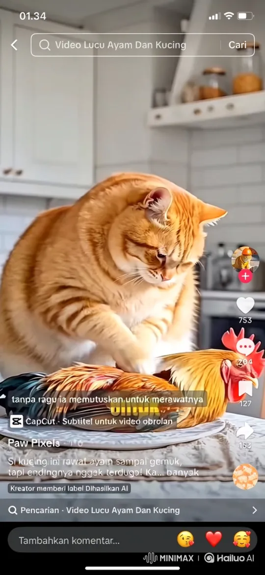 Ginger Cat Massages Rooster on Kitchen Countertop – AI Generated Video | Hailuo AI