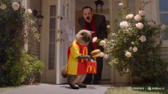 Cute Cat in McDonald's Uniform Delivers Burger to Astonished Man – AI Generated Video | Hailuo AI