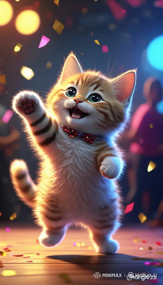 Adorable Kitten Dances Cheerfully in Sparkling Party Setting – AI Generated Video | Hailuo AI