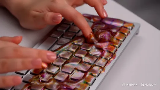 Hands Tapping Keyboard Covered in Glittery Slime – AI Generated Video | Hailuo AI