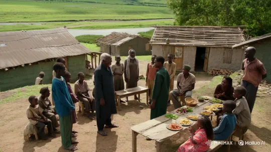 Village Reconciliation: Handshake and Shared Meal – AI Generated Video | Hailuo AI