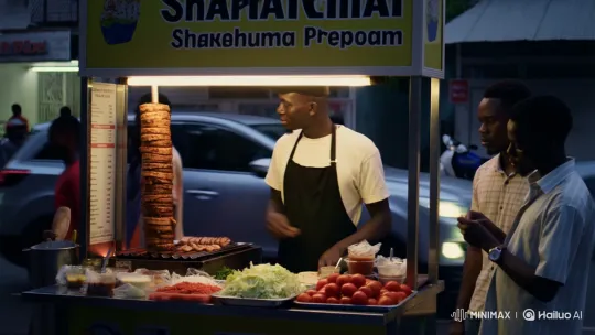 Nigerian Shawarma Vendor Preparing Order on Lagos Street – AI Generated Video | Hailuo AI