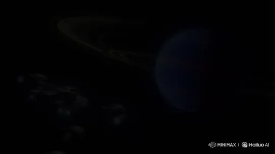 Spaceship with Floating Parts Approaches Colorful Ringed Planet – AI Generated Video | Hailuo AI