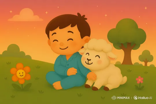 Boy and Lamb Resting Peacefully at Dusk – AI Generated Video | Hailuo AI