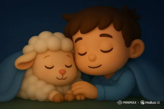 Boy and Lamb Sleep Peacefully Under Night Sky – AI Generated Video | Hailuo AI