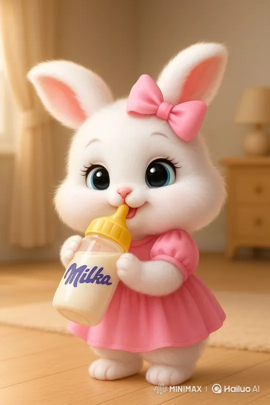 Fluffy Bunny Drinks from Bottle in Cozy Room – AI Generated Video | Hailuo AI