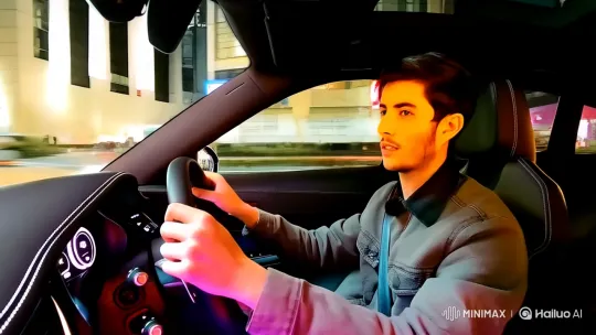 Young Man Drives Modern Car Through City Night – AI Generated Video | Hailuo AI