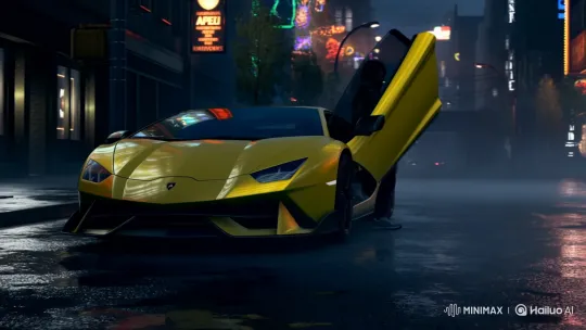 Night Drive: Sleek Lamborghini on Wet City Streets – AI Generated Video | Hailuo AI