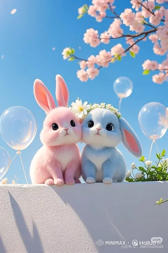 Cute Bunnies Amidst Cherry Blossoms and Balloons – AI Generated Video | Hailuo AI