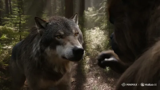 Bigfoot Attempts to Pet Wolf Carl, Gets Surprised by Lick – AI Generated Video | Hailuo AI