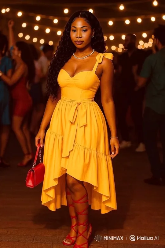 Woman in Yellow Dress Enters Tesla at Night Party Scene – AI Generated Video | Hailuo AI