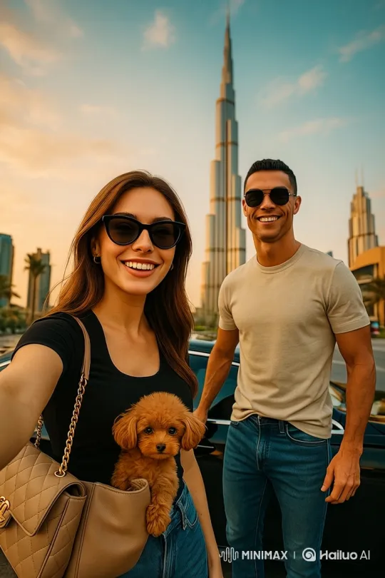 Couple Poses with Poodle in Dubai's Golden Hour – AI Generated Video | Hailuo AI