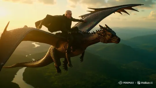 Man and Dragon Soar Over Sunset-Lit Landscape – AI Generated Video | Hailuo AI