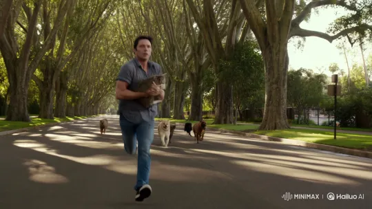 Man Fleeing with Cat, Chased by Dogs Down Tree-Lined Street – AI Generated Video | Hailuo AI