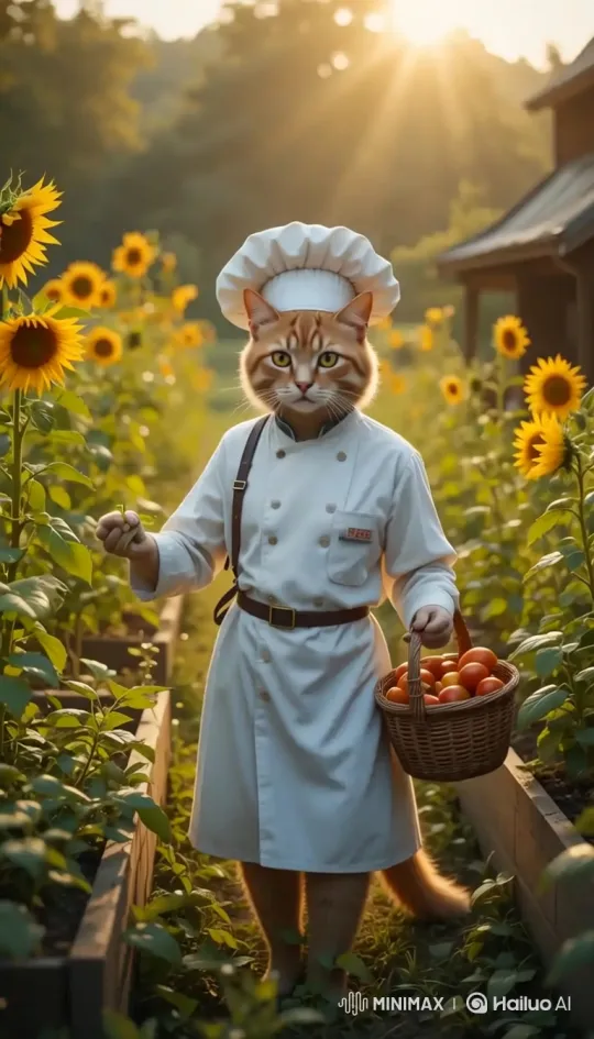 Anthropomorphic Cat Chef Harvests in Farmstead Garden – AI Generated Video | Hailuo AI