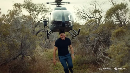 Man with Oversized Helicopter on Head Runs Through Bush – AI Generated Video | Hailuo AI
