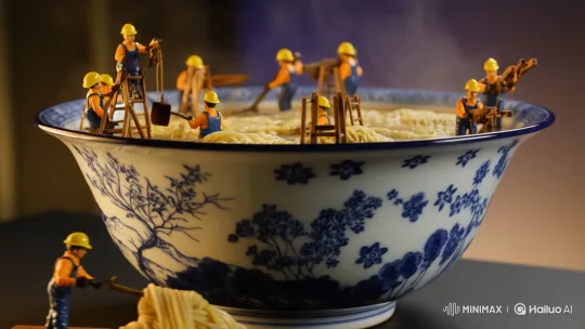 Mini Construction Workers "Build" Giant Steaming Ramen Bowl – AI Generated Video | Hailuo AI