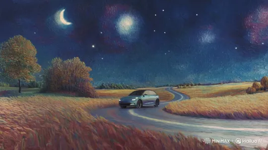 Modern Car Drives Through Van Gogh's Swirling Landscape – AI Generated Video | Hailuo AI