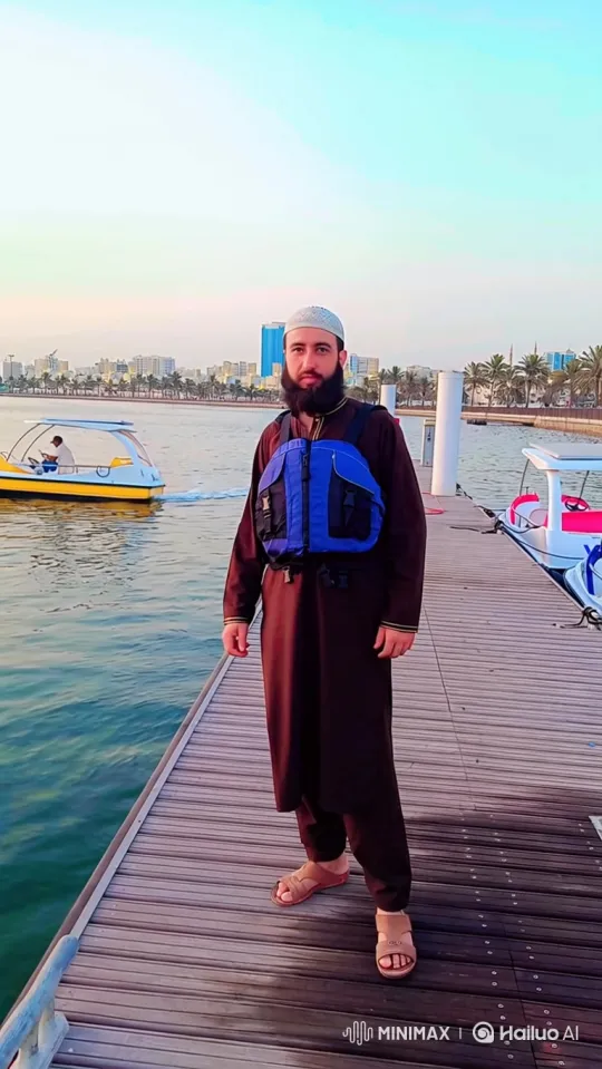 Man Contemplates City Skyline on Wooden Pier – AI Generated Video | Hailuo AI