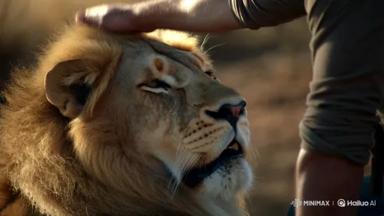 First-Person View: Petting a Majestic Male Lion – AI Generated Video | Hailuo AI