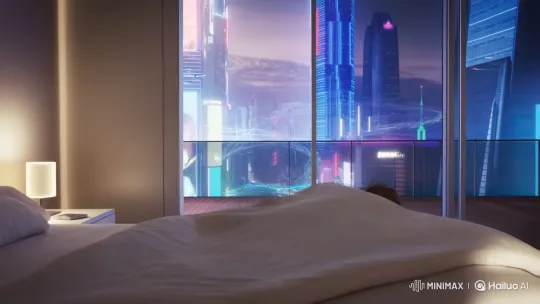 Futuristic City Life: Waking Up to Holographic Tasks – AI Generated Video | Hailuo AI