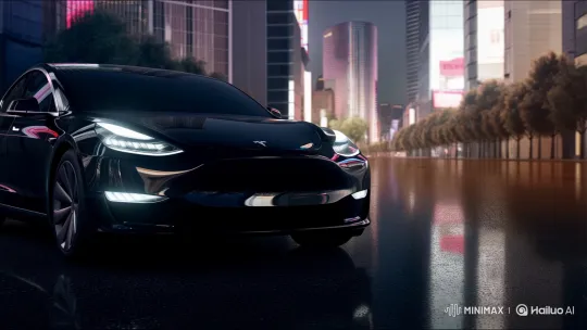 Sleek Tesla Showcased on Wet Nighttime City Street – AI Generated Video | Hailuo AI