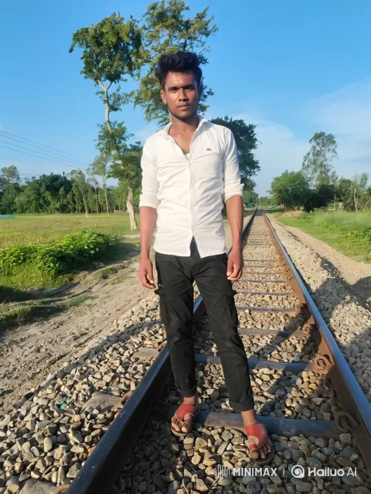 Young Man Stands Calmly on Railroad Tracks Amidst Nature – AI Generated Video | Hailuo AI