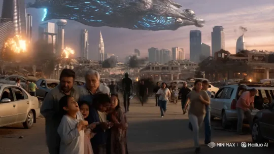 Man and Shadow Shogun Walk Towards Alien Spaceship Amidst Chaos – AI Generated Video | Hailuo AI