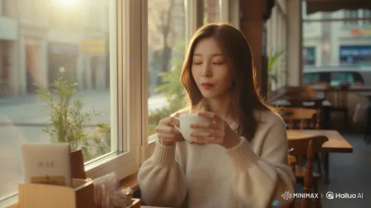 Woman Sips Coffee in Sunlit Cafe – AI Generated Video | Hailuo AI