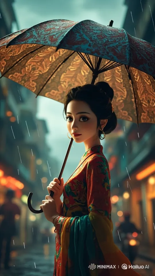 Stylized Portrait of a Woman with Umbrella in Rainy City – AI Generated Video | Hailuo AI