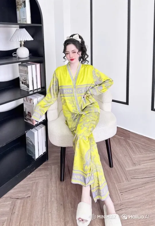 Elegant Woman in Yellow Pajamas with Graceful Pose – AI Generated Video | Hailuo AI