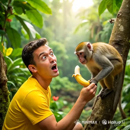 Young Man Shares Banana with Curious Monkey in Jungle – AI Generated Video | Hailuo AI