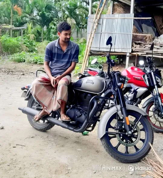 Man Prepares for Joyful Motorcycle Ride in Rustic Setting – AI Generated Video | Hailuo AI