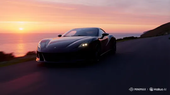 Sleek Sports Car Glides Along Sunset Coastline – AI Generated Video | Hailuo AI