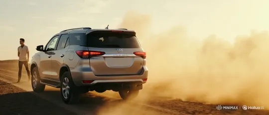 Silver SUV Drives Away in Arid Landscape – AI Generated Video | Hailuo AI