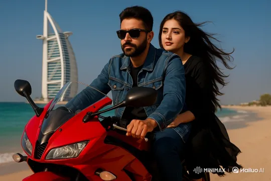 Couple on Sports Bike in Wheelie Pose on Dubai Beach – AI Generated Video | Hailuo AI