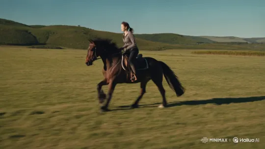 Rider and Horse Gracefully Cantering Across Open Field – AI Generated Video | Hailuo AI