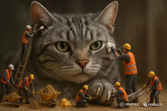 Miniature Workers Care for a Giant Tabby Cat – AI Generated Video | Hailuo AI