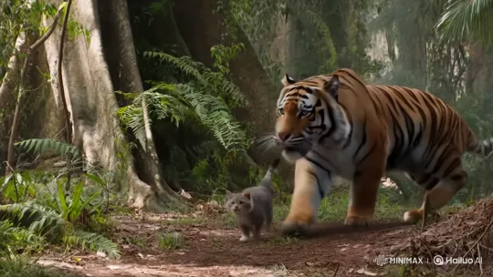 Tiger Pursues Terrified Cat in Dense Jungle Chase – AI Generated Video | Hailuo AI
