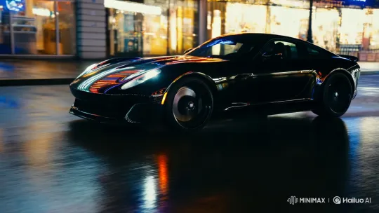 Black Sports Car Splashes Through Nighttime Puddle – AI Generated Video | Hailuo AI