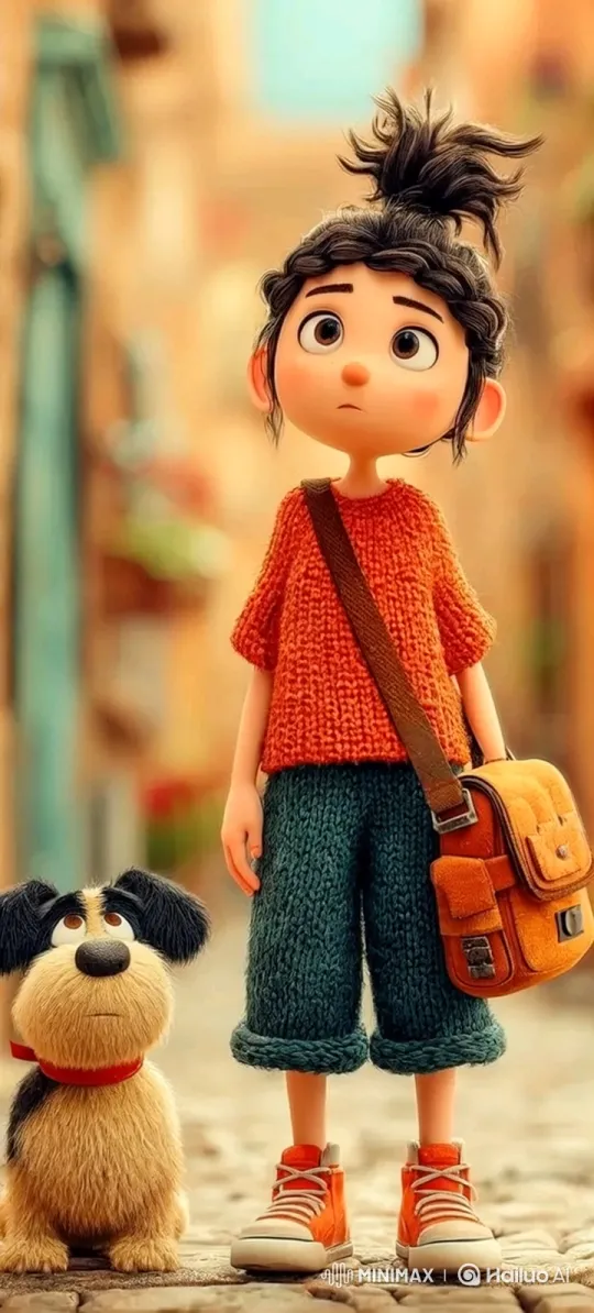 3D Animated Girl and Dog on a Cobblestone Street – AI Generated Video | Hailuo AI