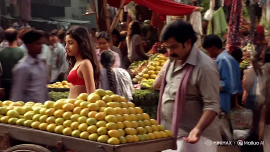 Indian Girl in Lingerie Asks Mango Price in Crowded Market – AI Generated Video | Hailuo AI