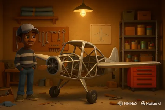 Young Inventor Powers Up His Dream Airplane at Dawn – AI Generated Video | Hailuo AI