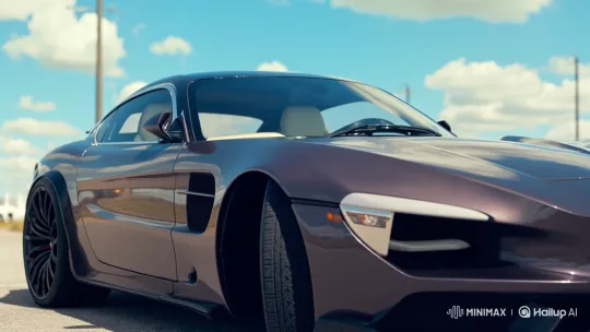 Dark Purple Sports Coupe Showcase in Sunny Landscape – AI Generated Video | Hailuo AI