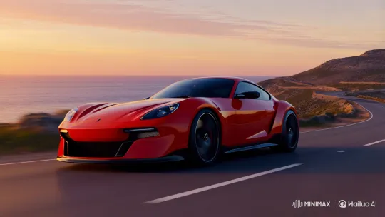 Red Sports Car Glides Along Sunset Coastline – AI Generated Video | Hailuo AI