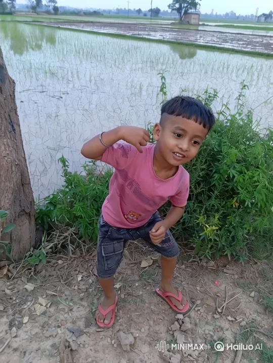 Joyful Boy Showcases Confident Pose by Rice Paddy – AI Generated Video | Hailuo AI