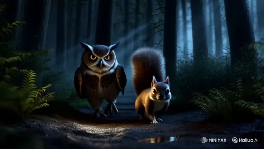 Enchanted Night Walk of Glowing Owl and Squirrel – AI Generated Video | Hailuo AI