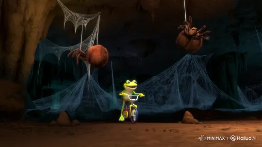 Cheerful Frog Ambushed by Giant Spiders in Cave – AI Generated Video | Hailuo AI